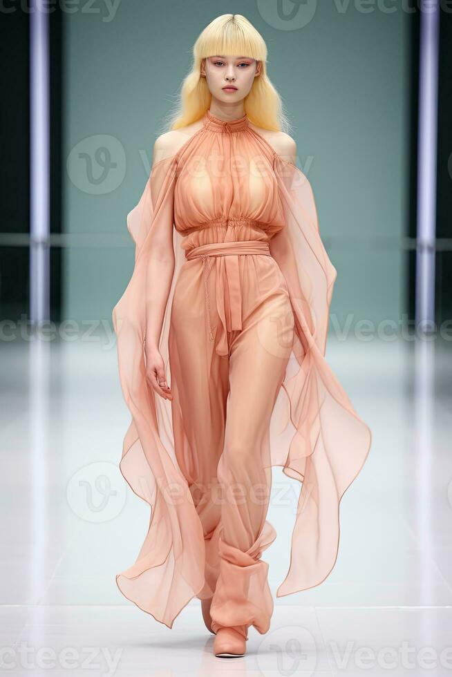 AI generated Bold Peach Ruffles Define Chic Runway Statement Look 2024. photo