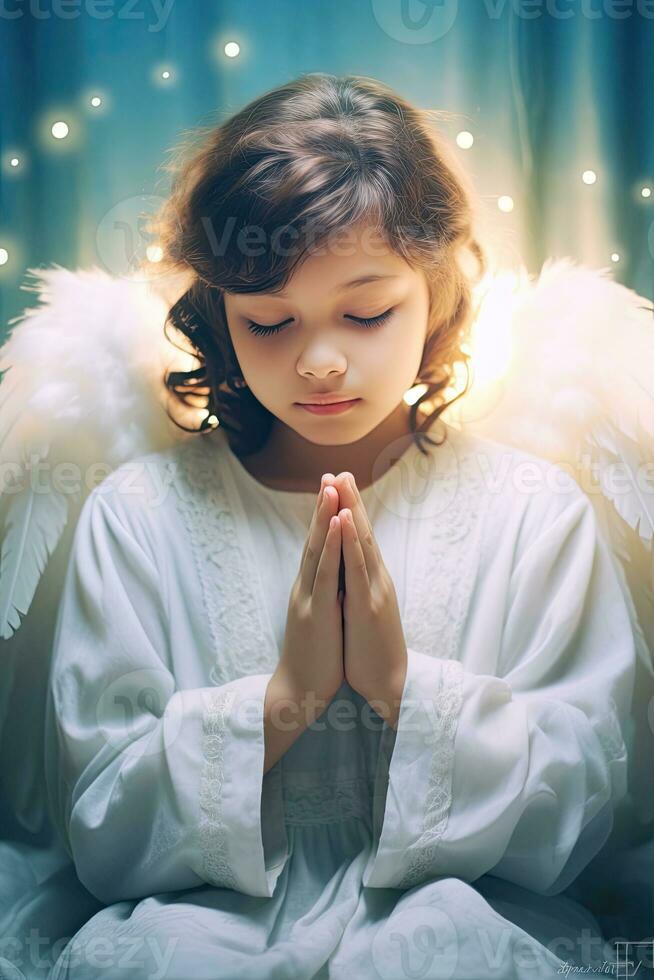 ai generado niño ángel en oración, radiante paz y celestial gracia. foto