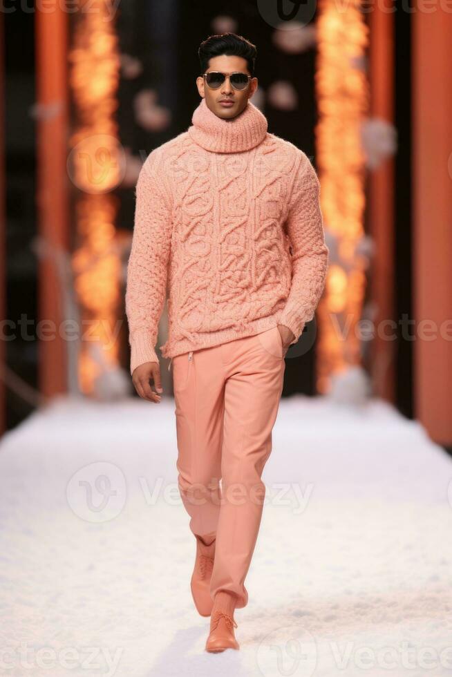 AI generated Model in Peach Knitwear Strides on Fashion Week Runway photo