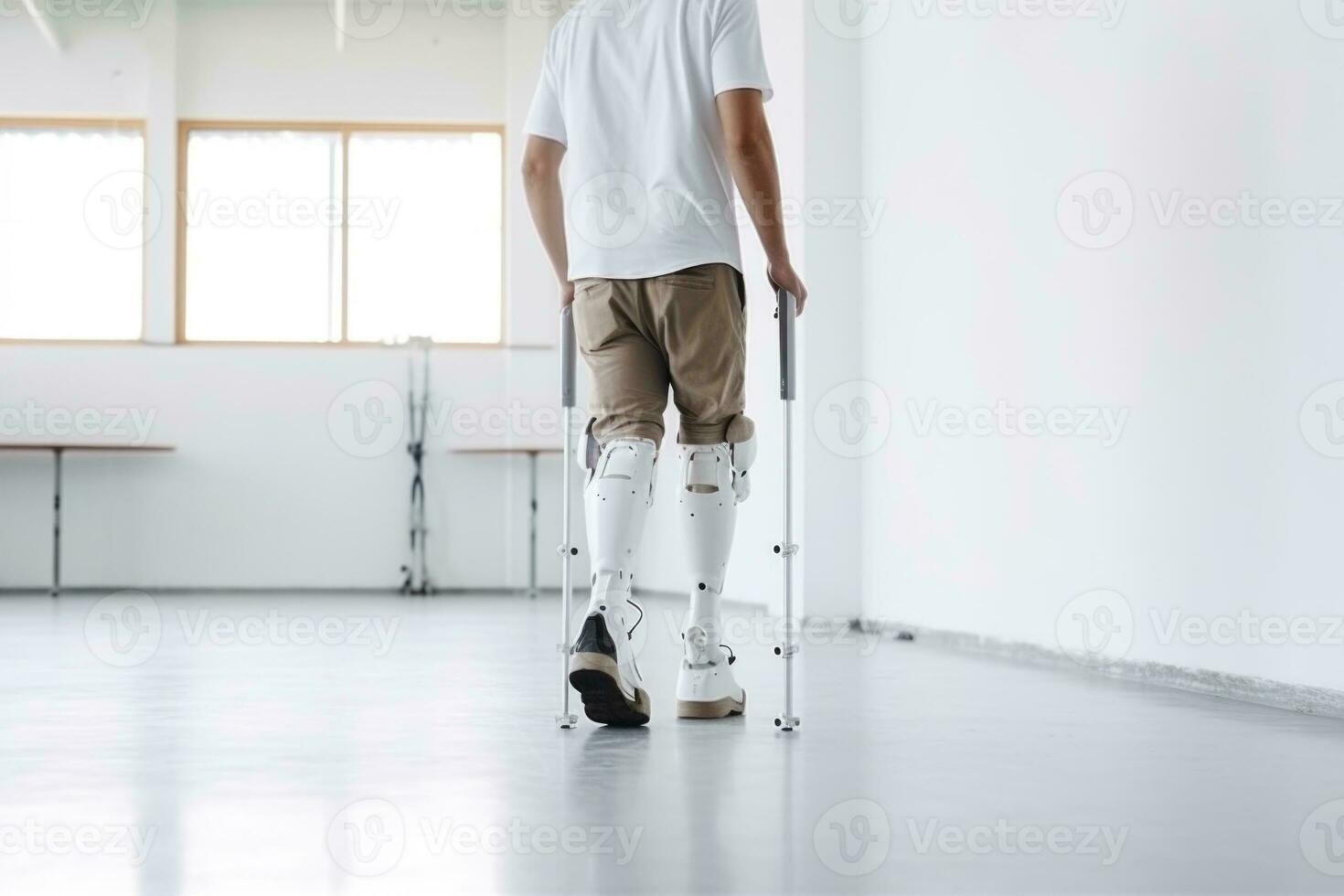 AI generated Man Walking Confidently with Advanced Prosthetic Leg Technology. photo