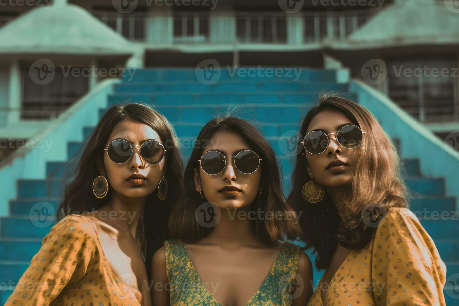 AI generated three young women wearing sunglasses and standing together in front of a beautiful temple. They are likely enjoying their time and capturing a memorable moment during their visit to the historical site. photo