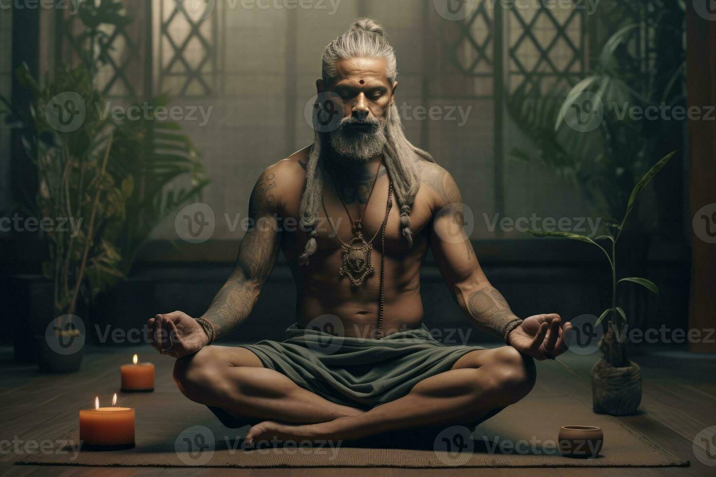 AI generated A bearded man with long hair is sitting cross-legged on the floor, holding a candle in his hand and focusing on meditation. He appears calm and at peace as he engages in this spiritual practice. photo