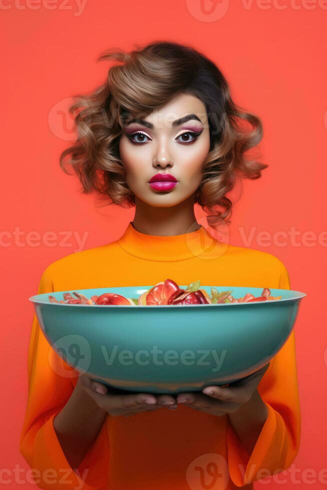 AI generated a beautiful woman with curly hair wearing an orange outfit, holding a large blue bowl filled with a variety of fruits. The bowl contains multiple apples and oranges, making it a colorful and healthy display. photo