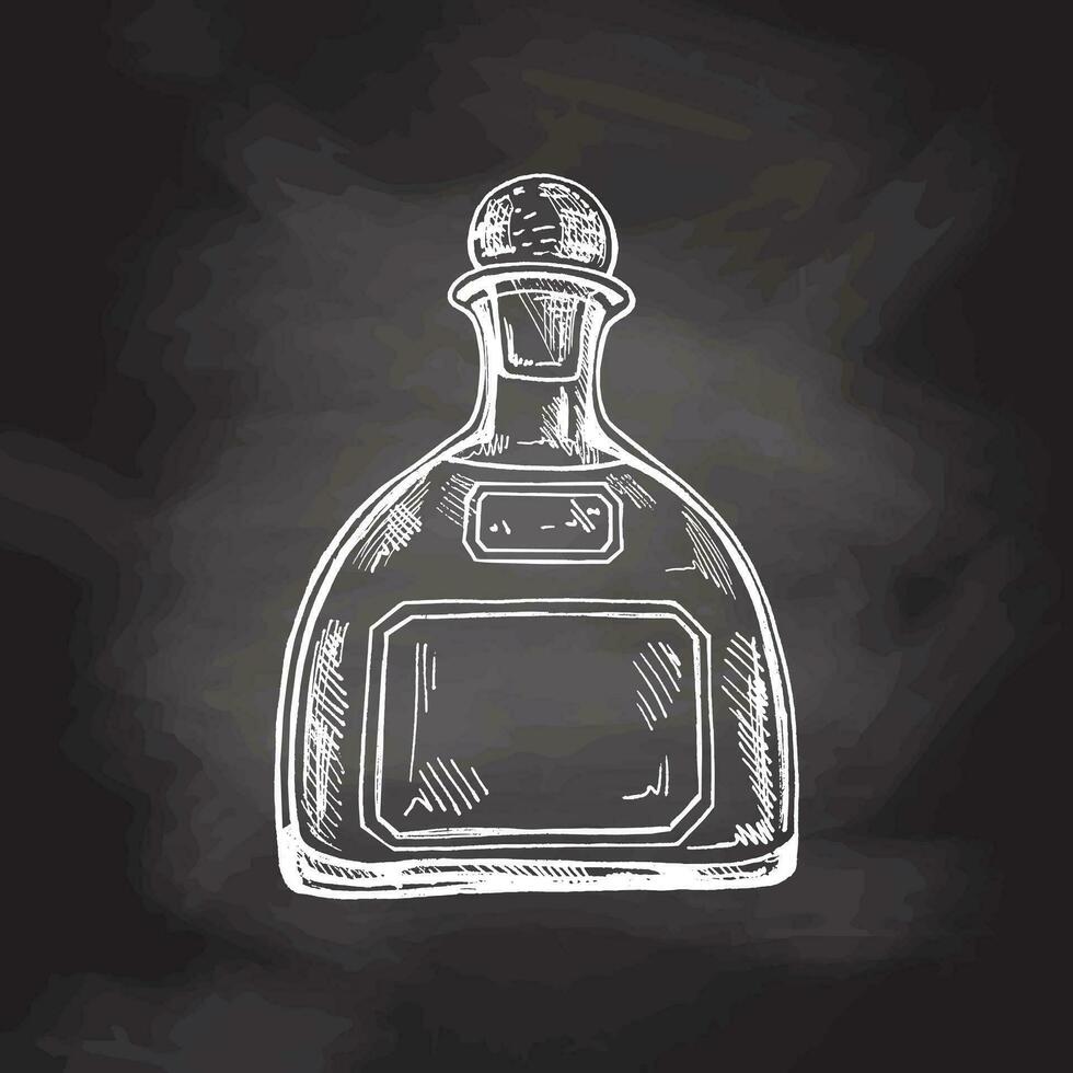 Hand-drawn bottle of tequila on chalkboard background. Design element for the menu of bars and restaurants. Vector sketch illustration in engraving style. Mexican, Latin America.