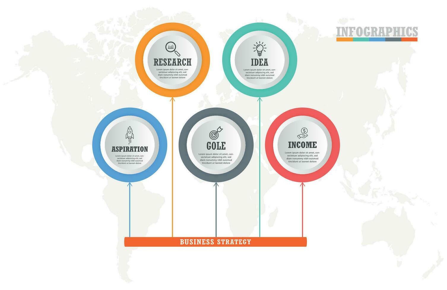 Business process. Infographic elements with 5 steps, options, circles. Vector chart, diagram.