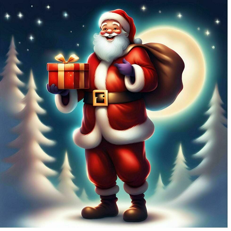 santa claus carrying a sack and holding a christmas gift photo