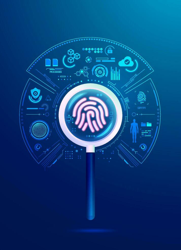 concept of digital forensics or cyber forensics, graphic of magnifying glass analyse from fingerprint with digital data elements vector