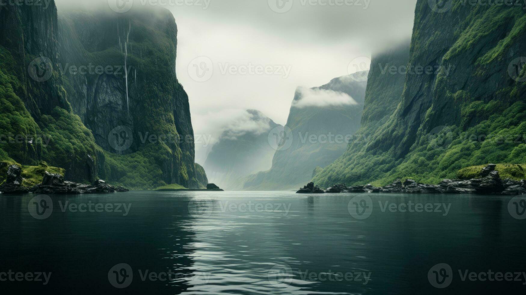 AI generated A calm fjord in Norway with towering cliffs and still waters photo