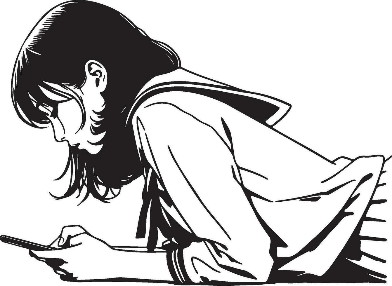 High School Female Student Use Cellphone Sketch Drawing. vector