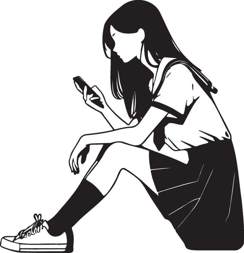 High School Female Student Use Cellphone Sketch Drawing. vector