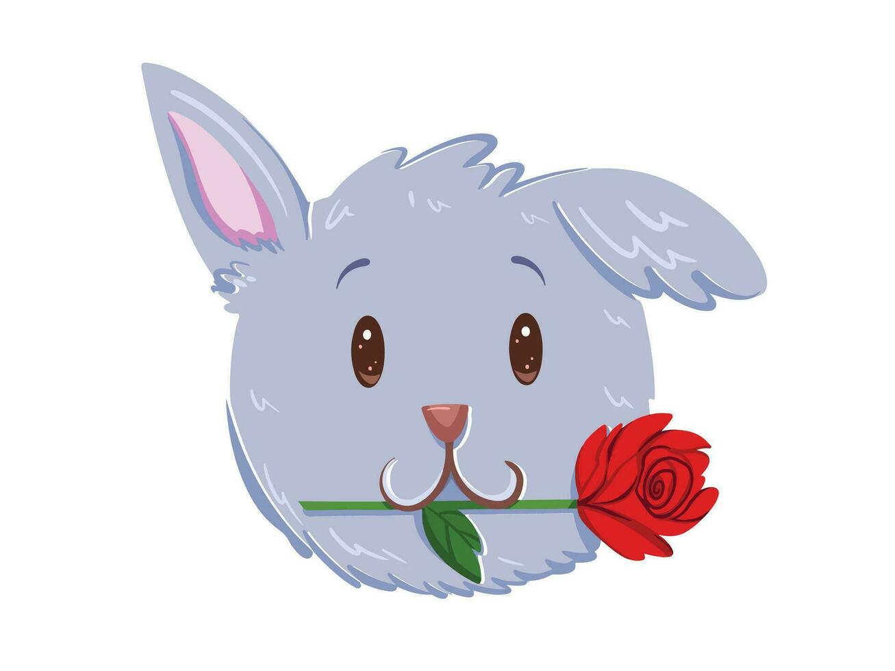 Cute kawaii gray puppy dog face portrait biting on one rose flower vector illustration isolated on white horizontal background. Simple flat cartoon art styled valentines day themed drawing.