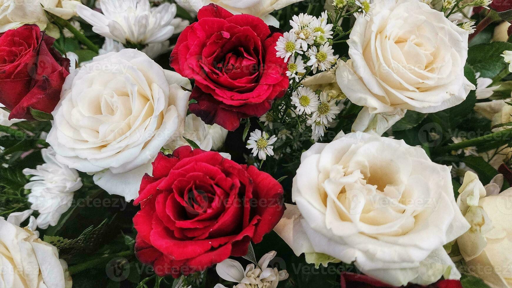 blanco y rojo rosas en un nupcial ramo, cerca arriba foto