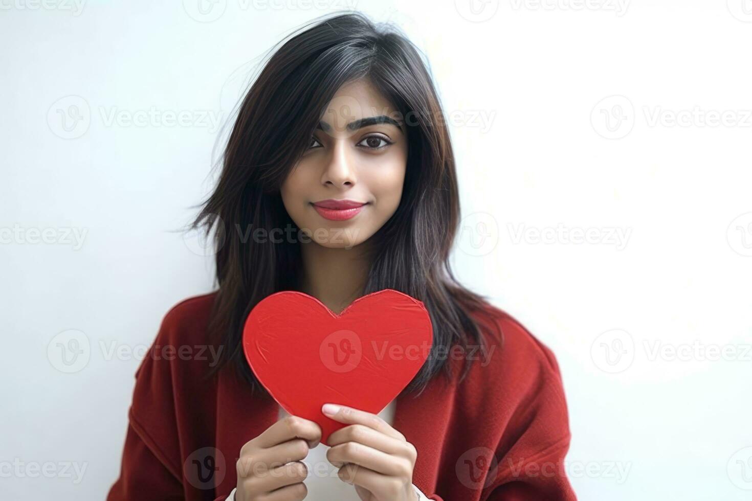 AI generated a young, attractive woman with dark hair holding a red heart-shaped sign. She appears to be posing for the photo, possibly conveying a message or emotion connected to the heart symbol. photo