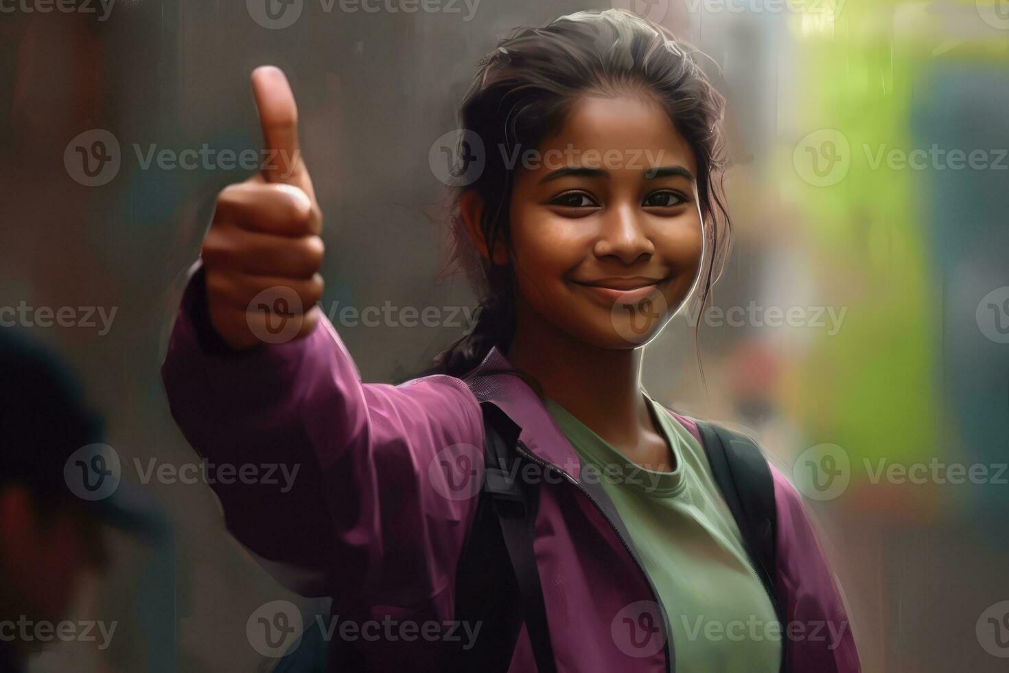 AI generated Positive School-Age Girl Giving Two Thumbs Up photo