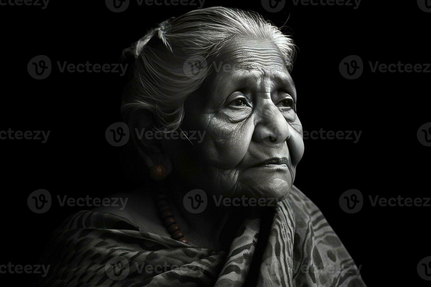 AI generated An elderly woman with wrinkles and bangs, captured in a black and white photo. photo
