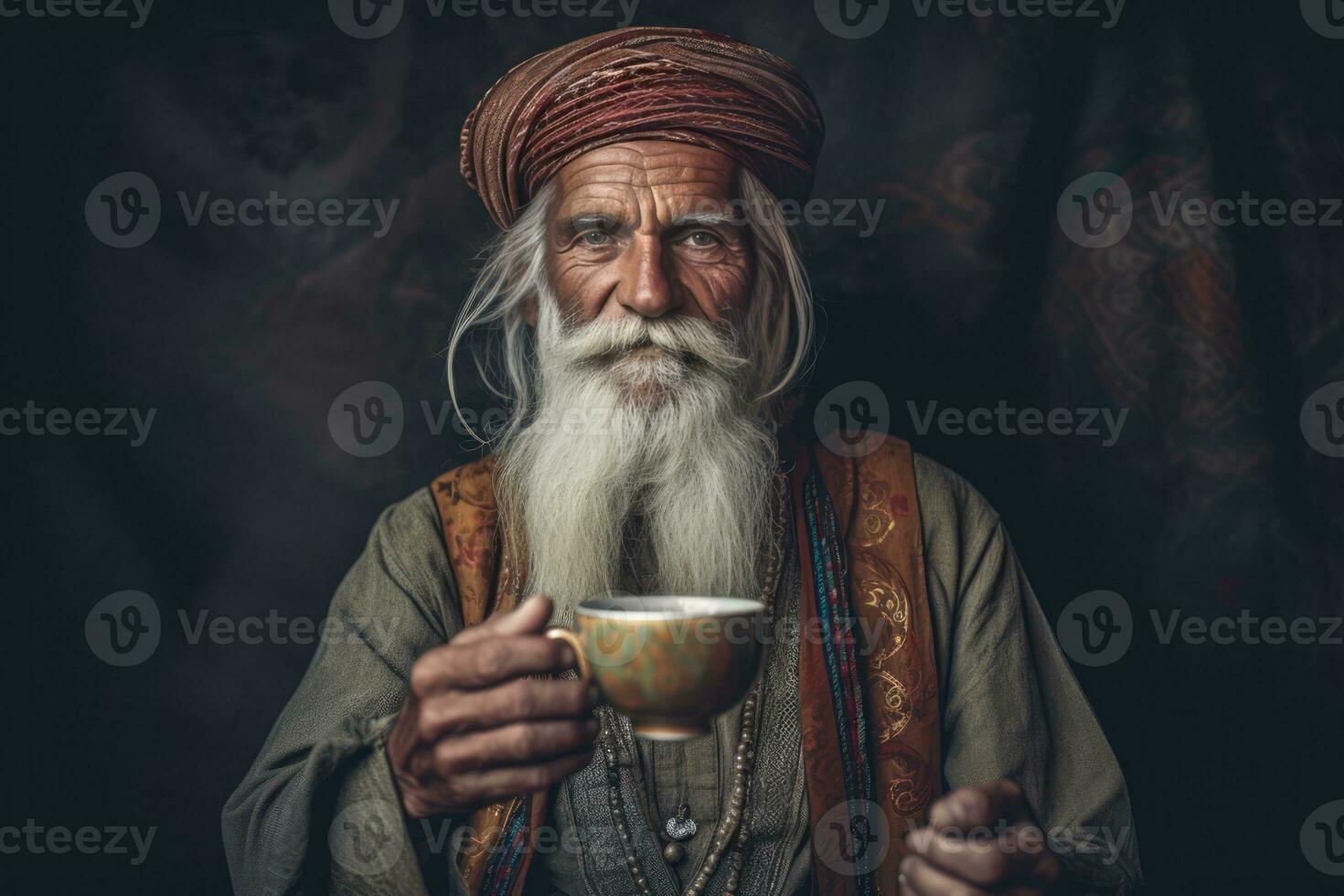 AI generated Old man with a big beard holding a cup photo