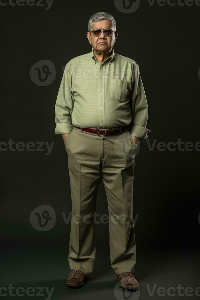 AI generated An older man in a tan shirt and khaki pants stands confidently photo