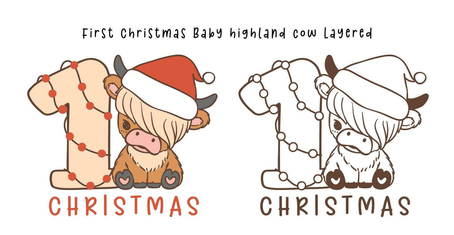 primero Navidad bebé vaca tierras altas dibujos animados en capas mano dibujo contorno vector
