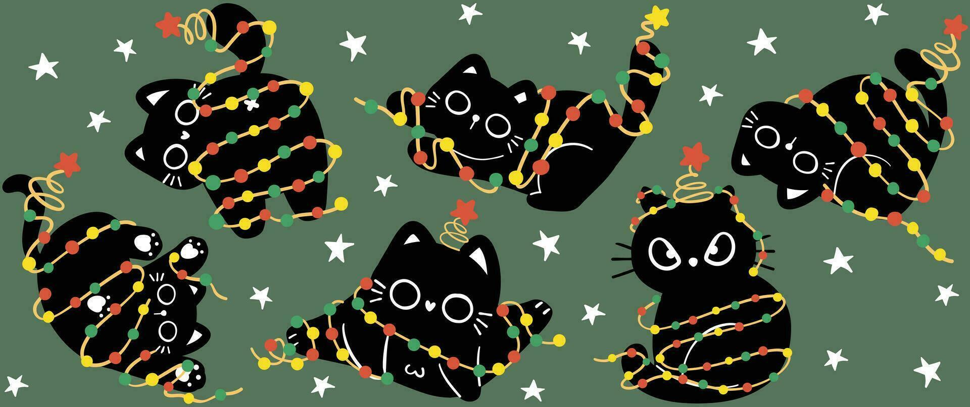 Cute Christmas Glass Can Wrap funny Balck cats with lightts Pattern layered printable for 16 oz Libbey isolated on background. vector