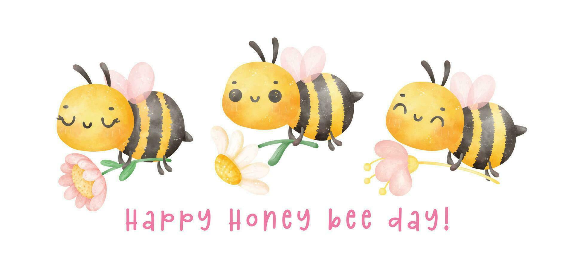 Group of cute baby honey bees with flower watercolor banner cartoon character hand painting illustration vector. Happy Honey bee day. vector