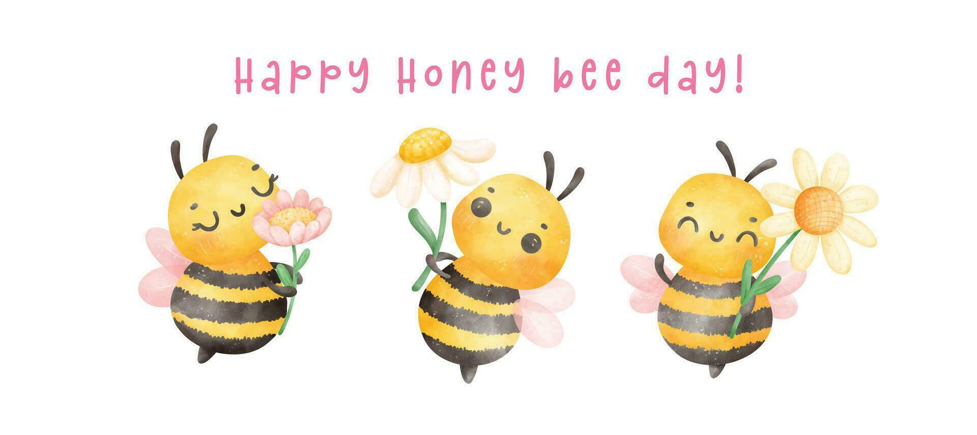 Group of cute baby honey bees with flower watercolor banner cartoon character hand painting illustration vector. Happy Honey bee day. vector