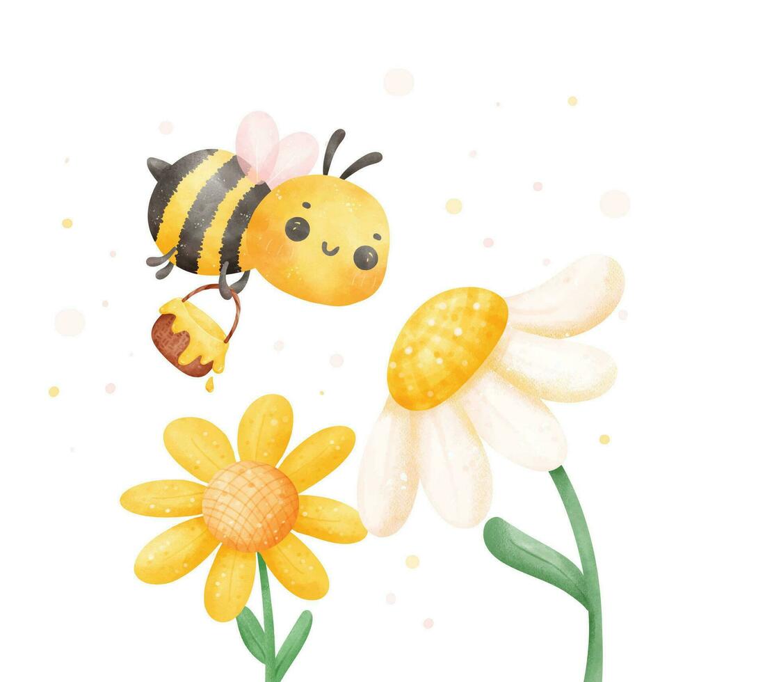 linda bebé miel abeja con flores acuarela dibujos animados personaje mano pintura ilustración vector. vector