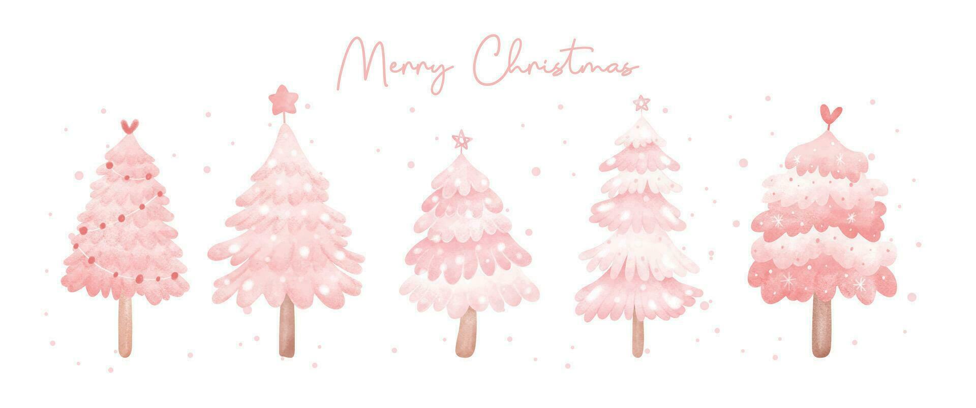 Cute Pink Christmas Pine Trees  Watercolor Hand Painting banner greeting card. vector