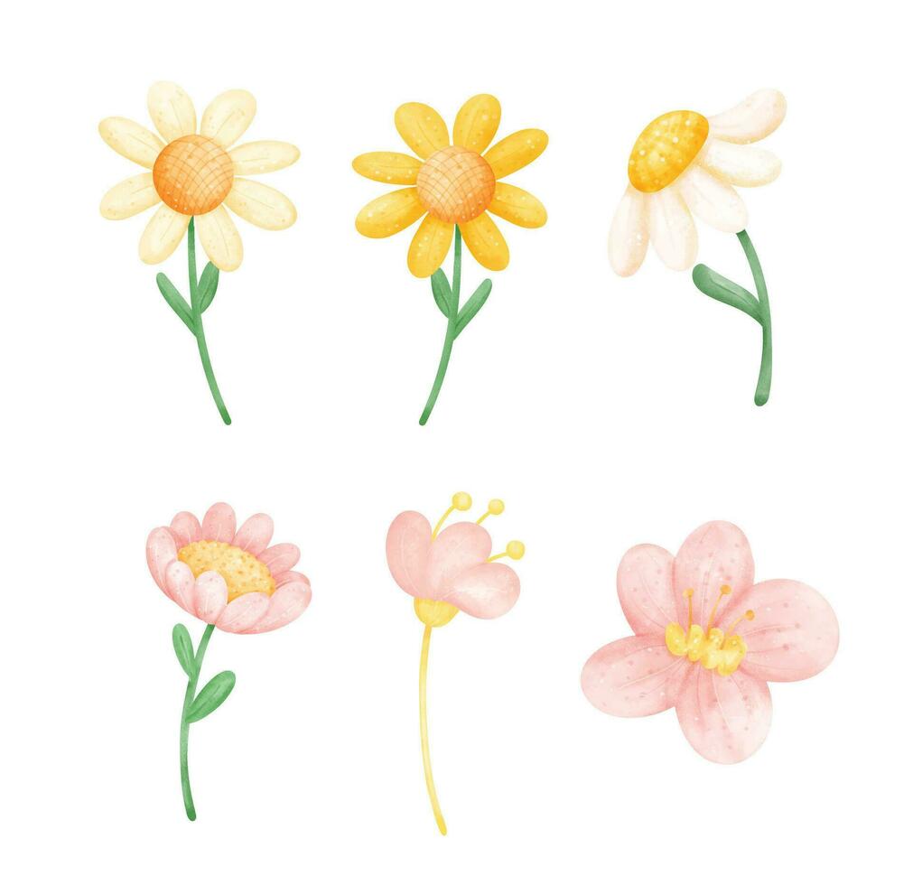 conjunto de flores con vástago acuarela mano dibujo ilustración vector