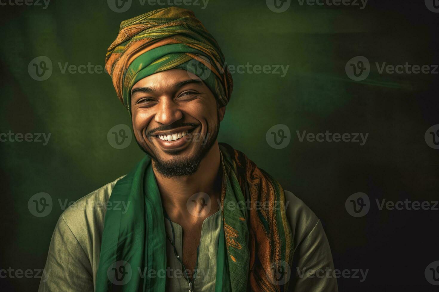 ai generado un joven hombre vistiendo un turbante y sonriente foto