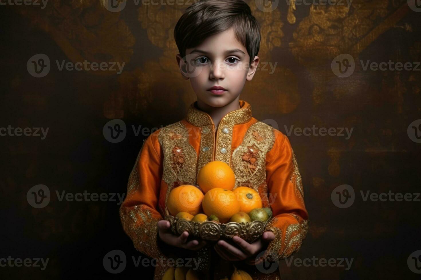 ai generado el pequeño indio chico con un cesta de Fruta foto