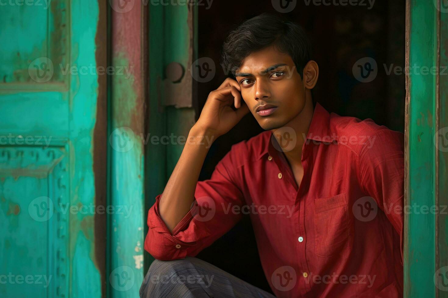 AI generated The Deep Thinker - A young man in a red shirt ponders in front of a door photo