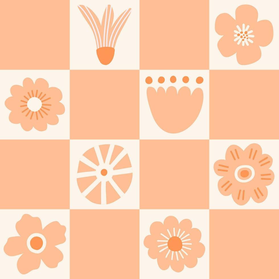 Modern geometric abstract flowers seamless pattern for greeting cards, posters, wrapping, pack paper. Flat minimalist. Peach fuzz color vector illustration