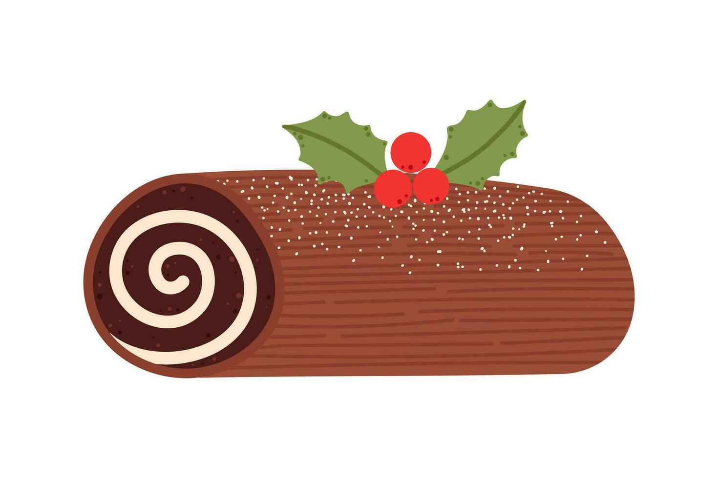 Yule log traditional Christmas cake with holly ordinary plant decoration. Buche de noel dessert. Chocolate roll with cream vector
