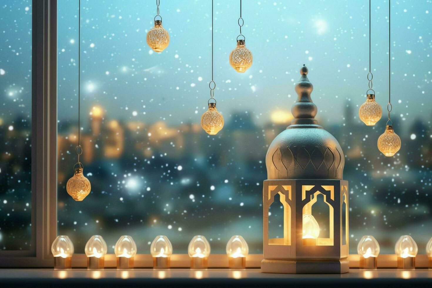 Eid mubarak and ramadan kareem greetings with islamic lantern and mosque. Eid al fitr background. Eid al fitr background of window concept by AI Generated photo