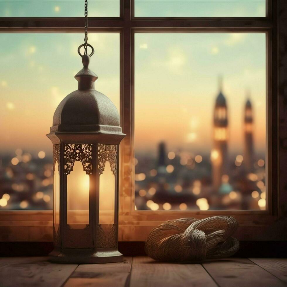 Eid mubarak and ramadan kareem greetings with islamic lantern and mosque. Eid al fitr background. Eid al fitr background of window concept by AI Generated photo