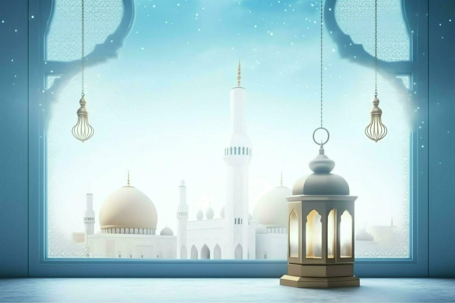 Eid mubarak and ramadan kareem greetings with islamic lantern and mosque. Eid al fitr background. Eid al fitr background of window concept by AI Generated photo
