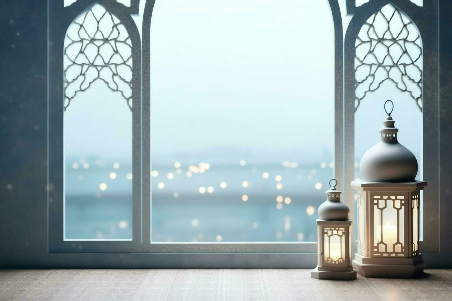 Eid mubarak and ramadan kareem greetings with islamic lantern and mosque. Eid al fitr background. Eid al fitr background of window concept by AI Generated photo