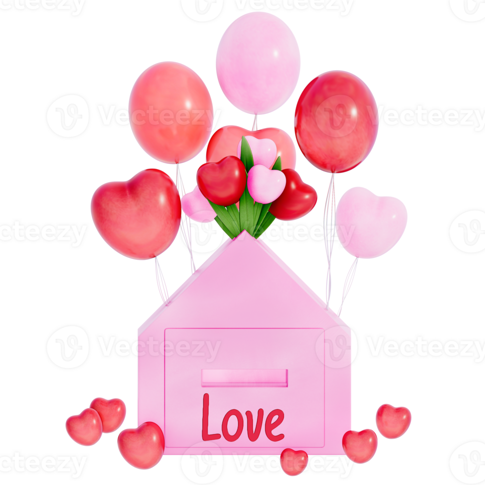 valentine mailbox with Heart Balloon Bouquet on a transparent background, 3D rendering png