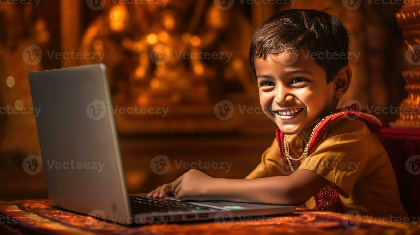 AI generated A young boy using a laptop computer photo