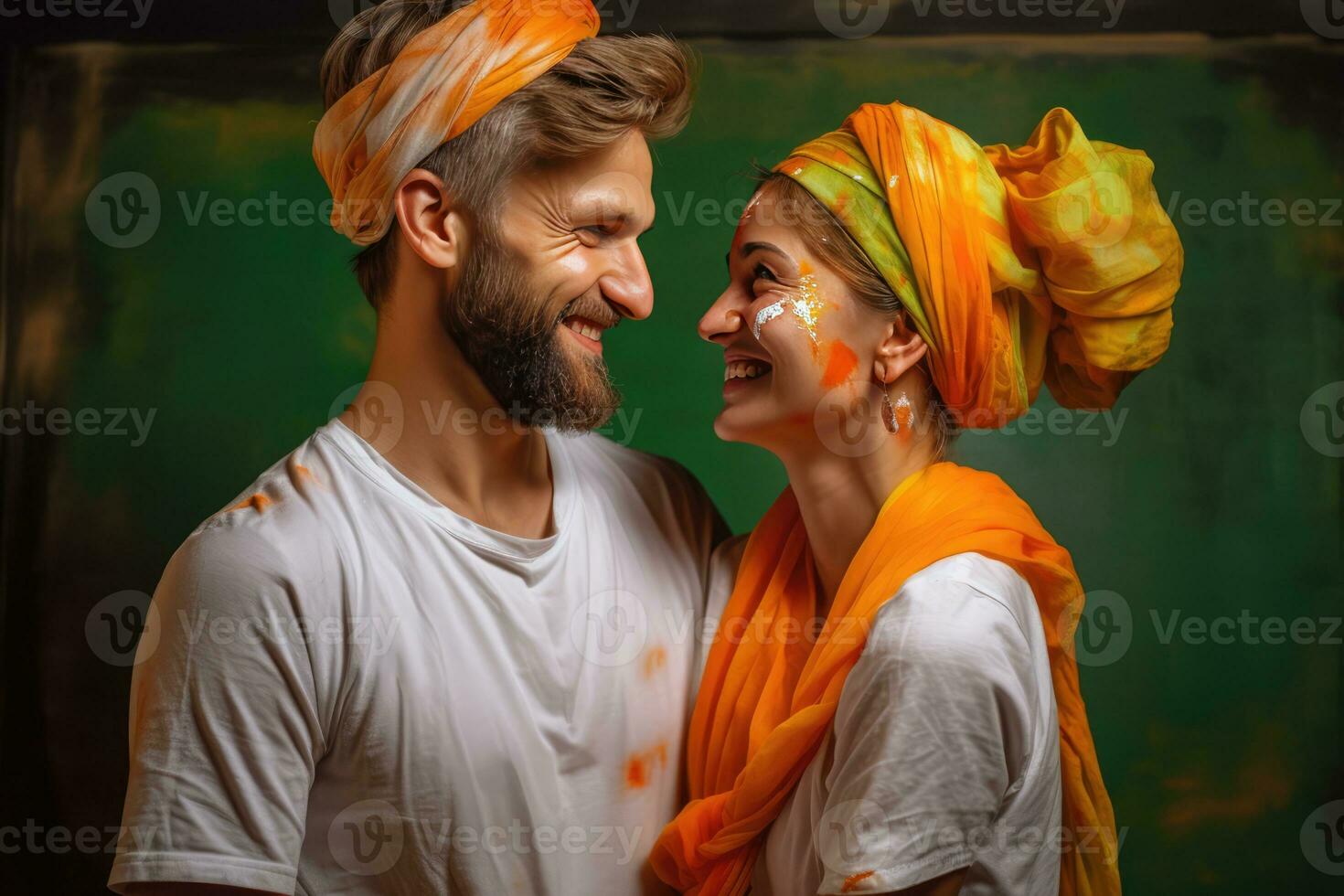 AI generated A young couple wearing traditional Indian clothing, orange and white colors, in a colorful setting. photo