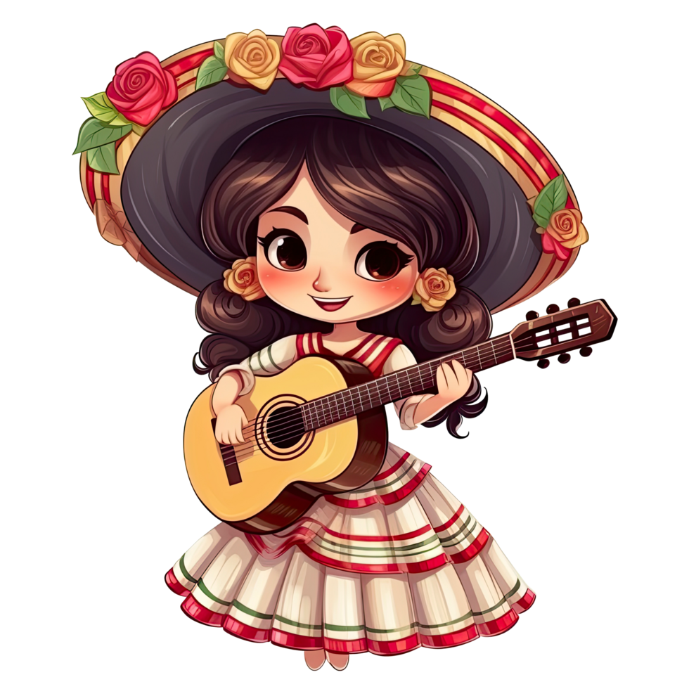 AI generated Cute girl in mexican folk outfit and Mariachi Dancer for celebrating Cinco de Mayo festival isolated on transparent background. png