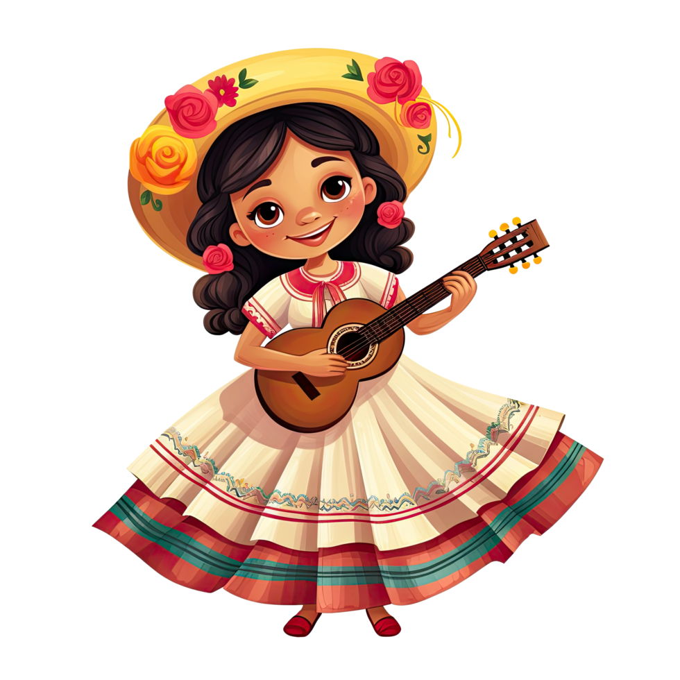 ai generado linda niña en mexicano gente atuendo y Mariachi bailarín para celebrando cinco Delaware mayonesa festival aislado en transparente antecedentes. png