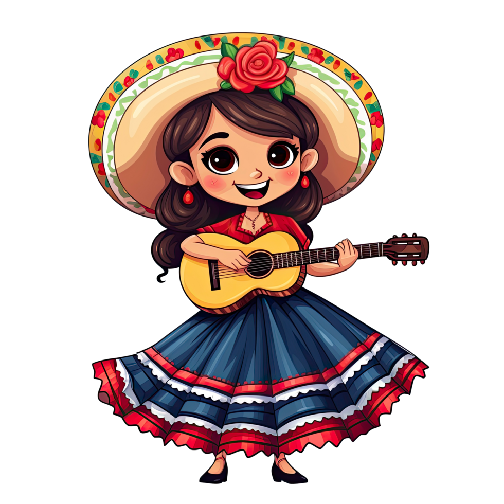 AI generated Cute girl in mexican folk outfit and Mariachi Dancer for celebrating Cinco de Mayo festival isolated on transparent background. png