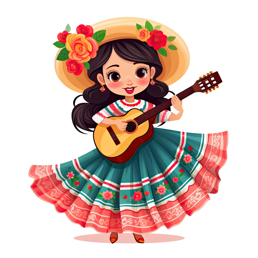 AI generated Cute girl in mexican folk outfit and Mariachi Dancer for celebrating Cinco de Mayo festival isolated on transparent background. png