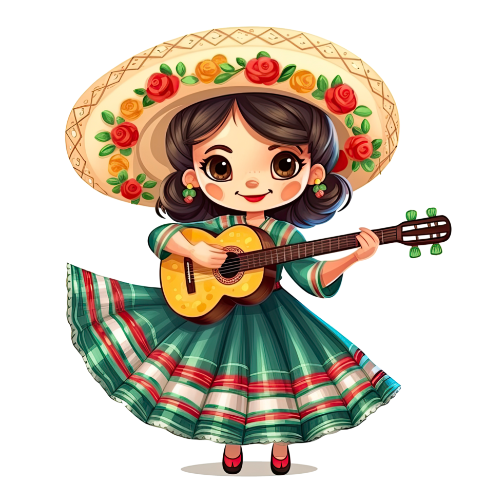 AI generated Cute girl in mexican folk outfit and Mariachi Dancer for celebrating Cinco de Mayo festival isolated on transparent background. png