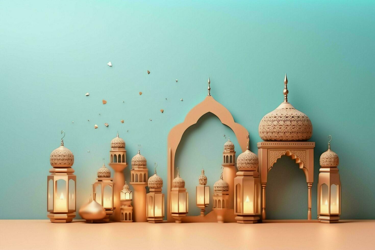 Eid mubarak and ramadan kareem greetings with islamic lantern and mosque. Eid al fitr background. Eid al fitr background of window concept by AI Generated photo