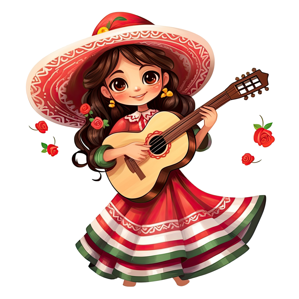 ai generado linda niña en mexicano gente atuendo y Mariachi bailarín para celebrando cinco Delaware mayonesa festival aislado en transparente antecedentes. png