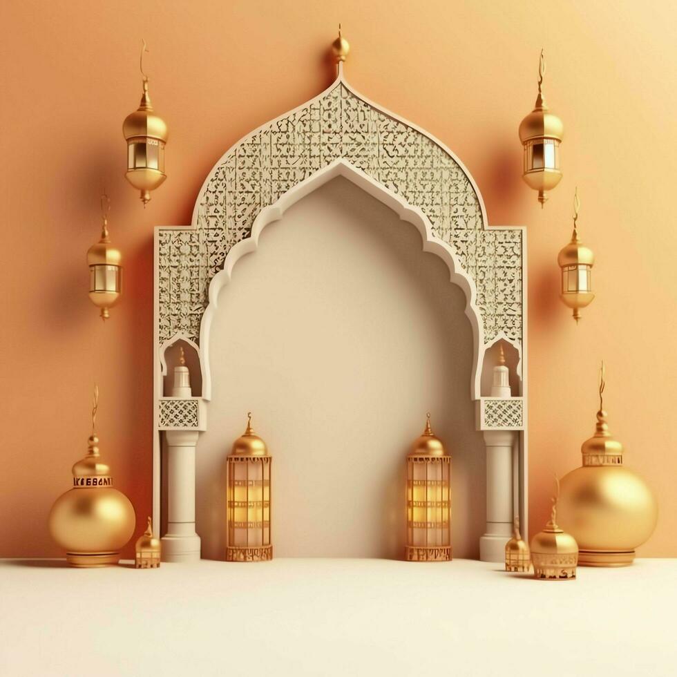 Eid mubarak and ramadan kareem greetings with islamic lantern and mosque. Eid al fitr background. Eid al fitr background of window concept by AI Generated photo