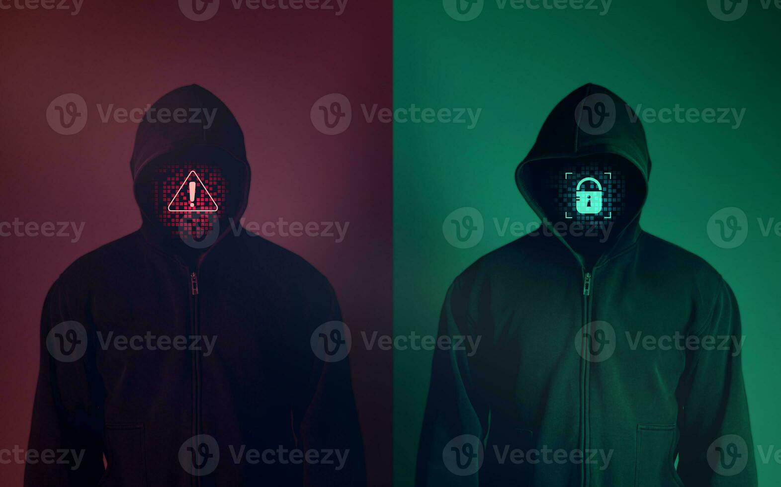 White hat Hacker and Black hat Hacker wearing hoods with protection and danger icons. concept of technology a programmer designing online security system and modifying a program to hack server. photo