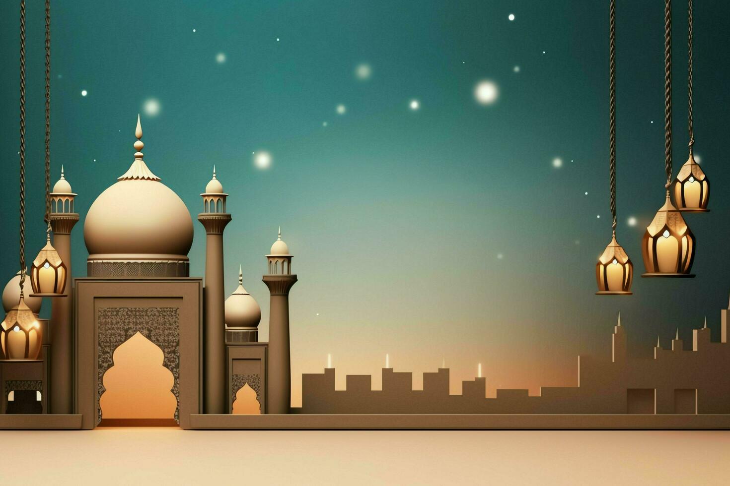 Eid mubarak and ramadan kareem greetings with islamic lantern and mosque. Eid al fitr background. Eid al fitr background of window concept by AI Generated photo